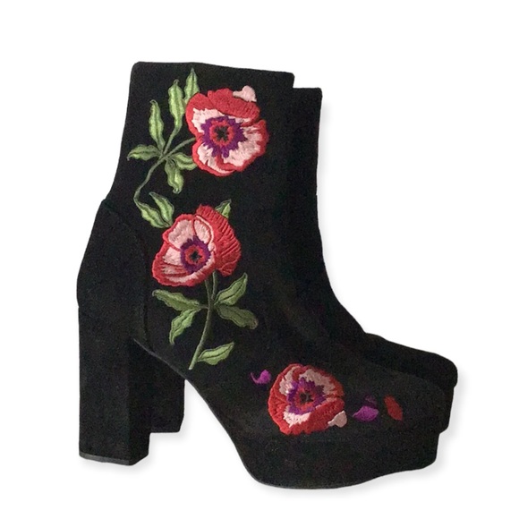 L’intervalle Shoes - L’Intervalle Suede Platform Embroidered Flowers Black Heel Ankle Booties, EU 39
